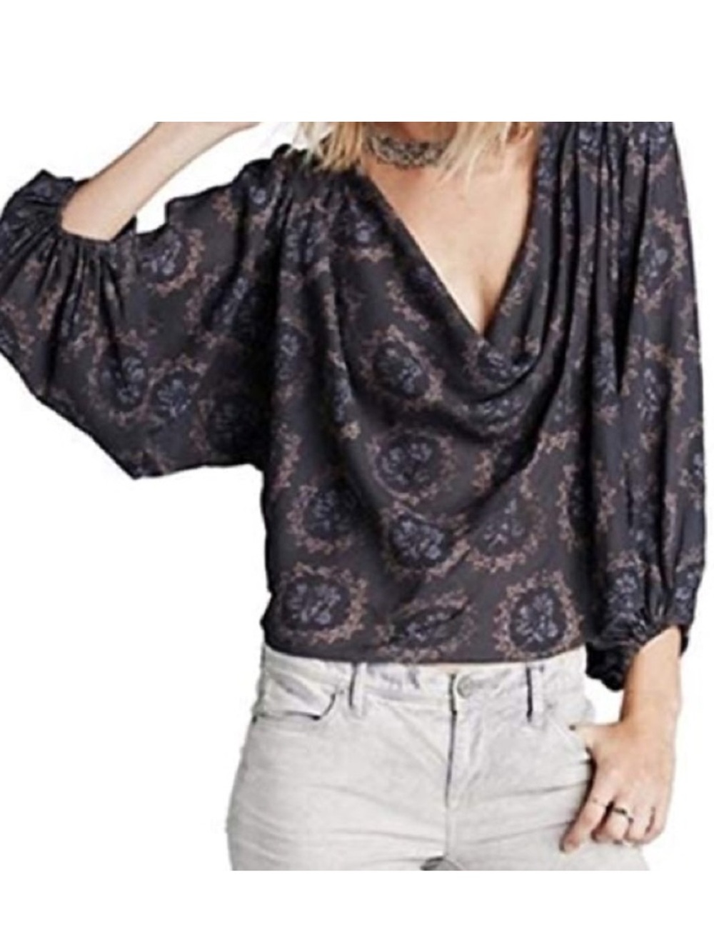Free People Black Floral Draped Cowl Neck Blouse
